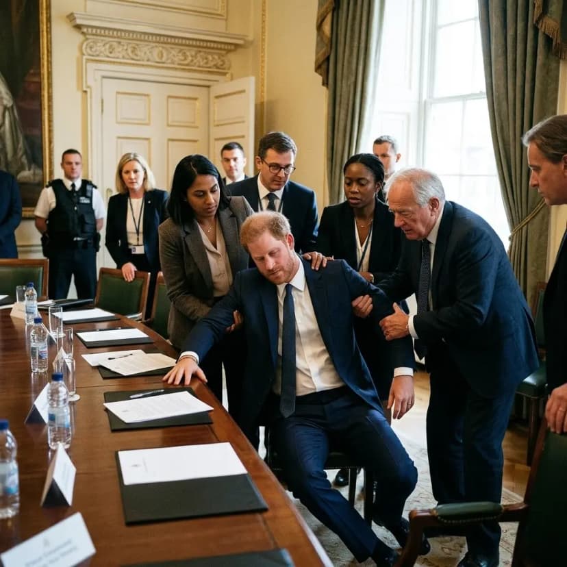 Panic gripped the room at a charity event in the U.S. when Prince Harry suddenly collapsed during a lengthy and tense speech.